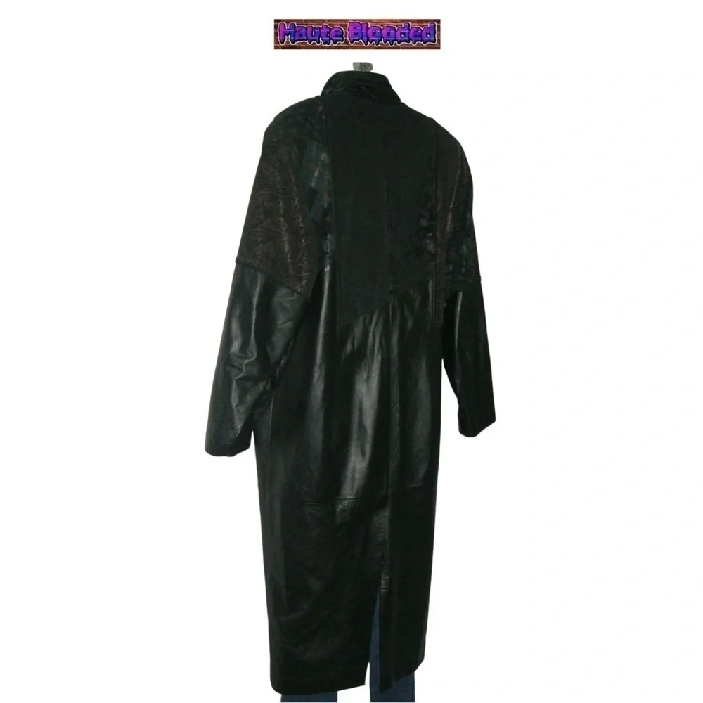 Vintage 90's Long Black Leather Trench Coat Holographic Boho Print Floor Length - Picture 9 of 15